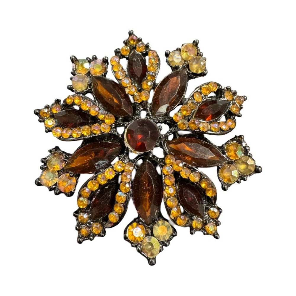 Vintage Amber Rhinestone Flower Brooch Unsigned